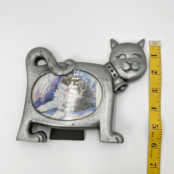 Vintage‎ Pewter Cat Photo Frame Tabletop Display with Bell and Kitten Picture - Picture 8 of 10